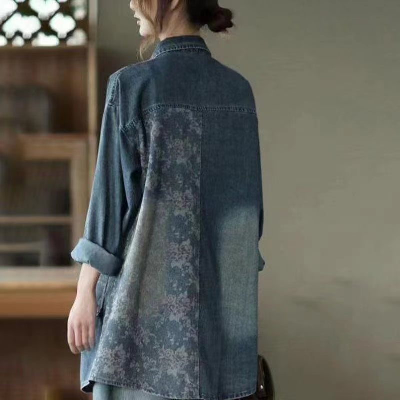 French Print Patchwork Shirt Denim Jacket