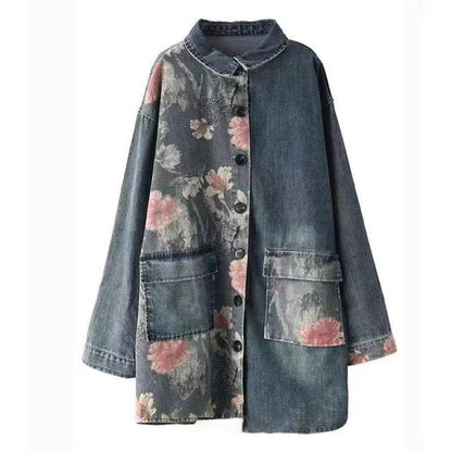 French Print Patchwork Shirt Denim Jacket