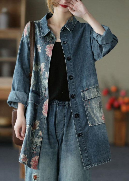 French Print Patchwork Shirt Denim Jacket