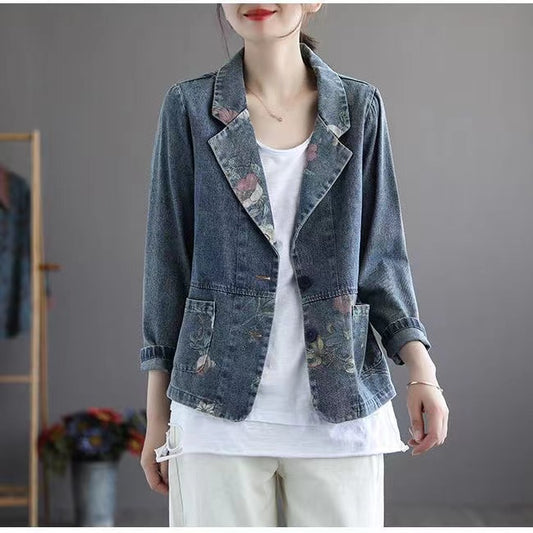 Loose Retro Patchwork Printed Blazer Denim Jacket