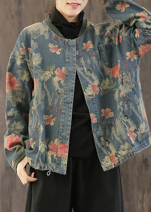 Floral Print Button Pocket Denim Jacket