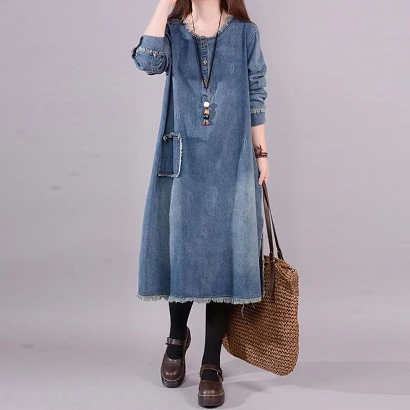 Loose Pocket Button Denim Long Sleeve Dress