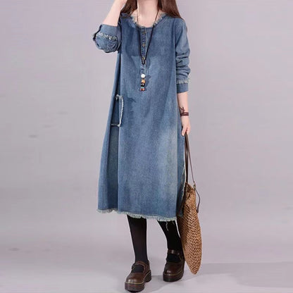 Loose Pocket Button Denim Long Sleeve Dress