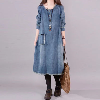 Loose Pocket Button Denim Long Sleeve Dress