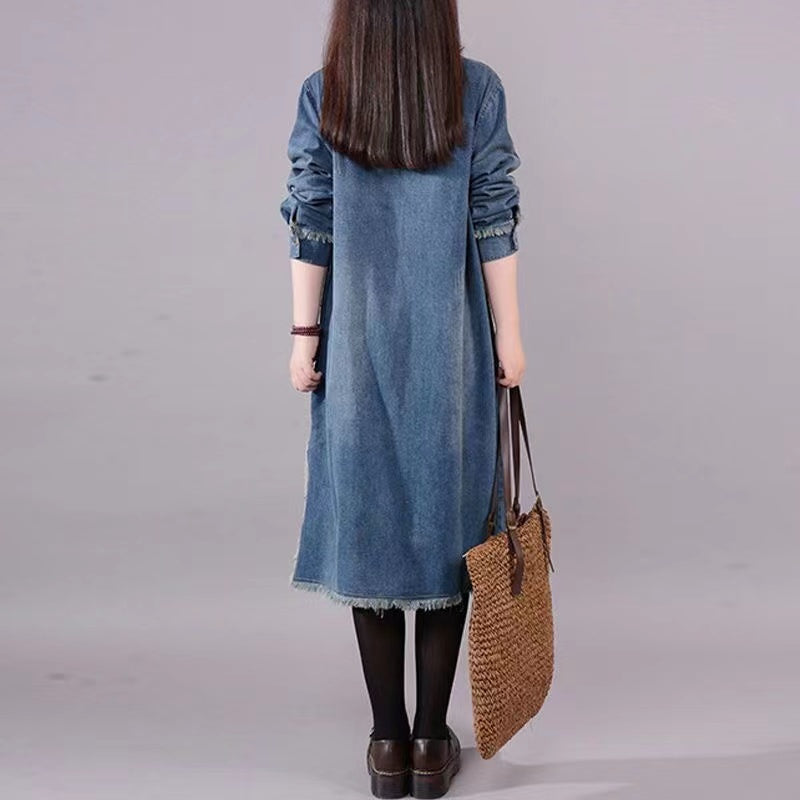 Loose Pocket Button Denim Long Sleeve Dress