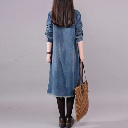 Loose Pocket Button Denim Long Sleeve Dress