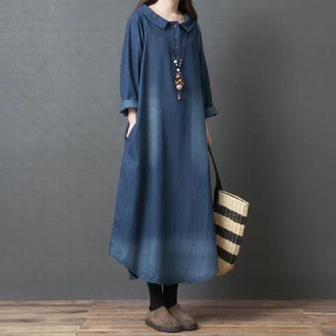 Loose Lapel Button Irregular Pocket Denim Dress