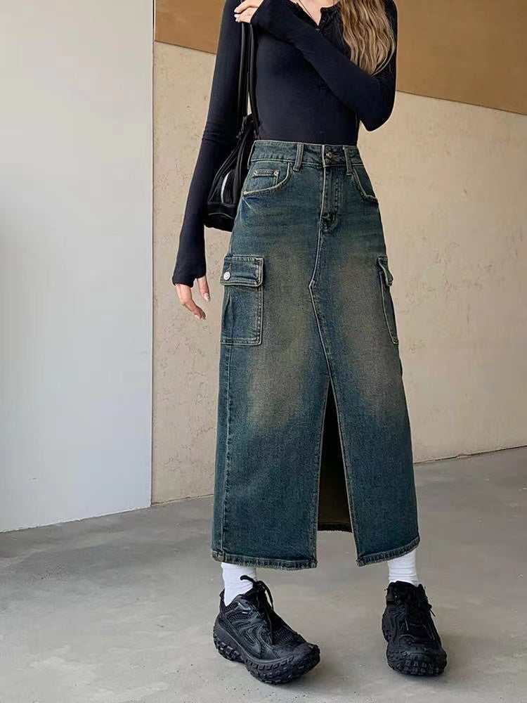 Vintage Workwear A-Line Skirt Split Mid-Length Denim Skirt