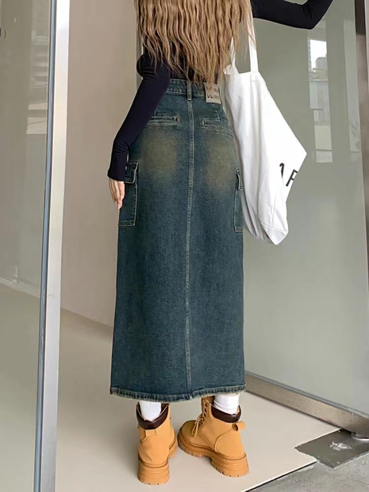 Vintage Workwear A-Line Skirt Split Mid-Length Denim Skirt