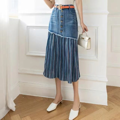 High Waist Irregular Patchwork Pocket Button Denim Skirt