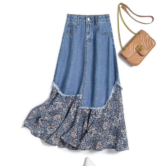 Vintage Irregular Patchwork A-Line Denim Skirt