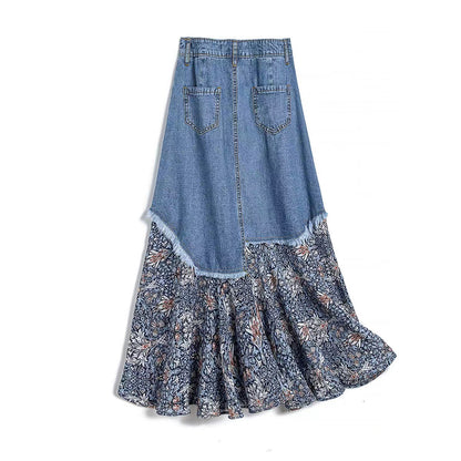 Vintage Irregular Patchwork A-Line Denim Skirt