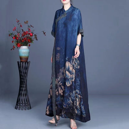 Elegant Chinese Style Vintage Plate Button Printed Short Sleeve Patchwork Dress