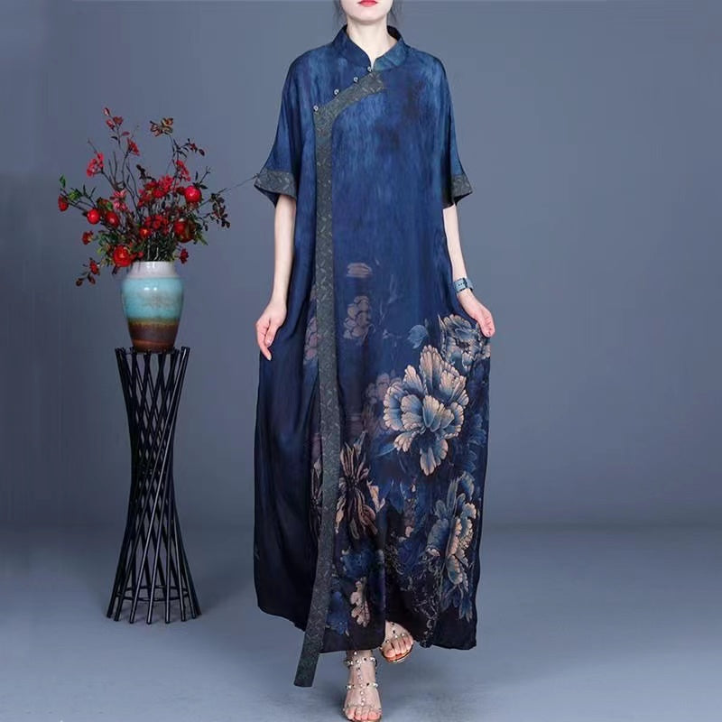 Elegant Chinese Style Vintage Plate Button Printed Short Sleeve Patchwork Dress