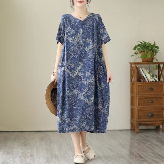 Loose V-neck Geometric Print Cotton Dress