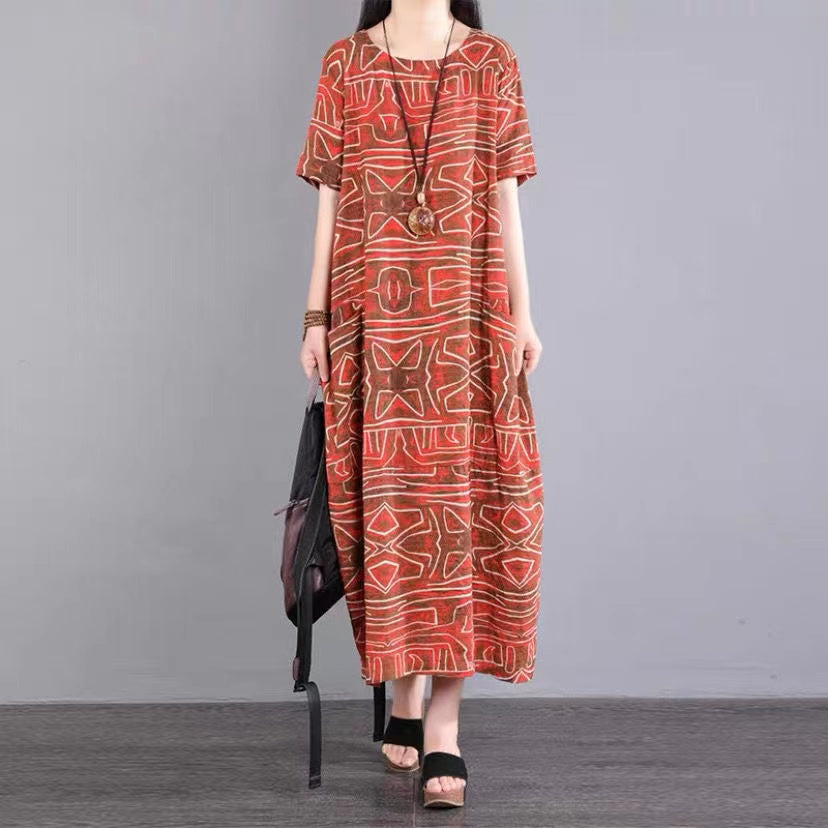 Loose Round Neck Printed Short Sleeve Long Dresses