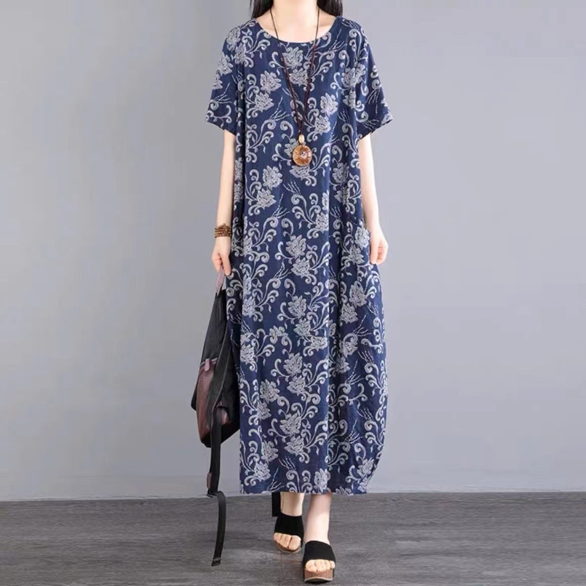 Loose Round Neck Printed Short Sleeve Long Dresses