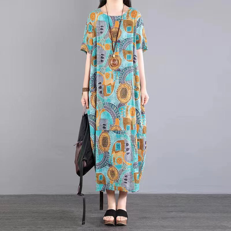 Loose Round Neck Printed Short Sleeve Long Dresses