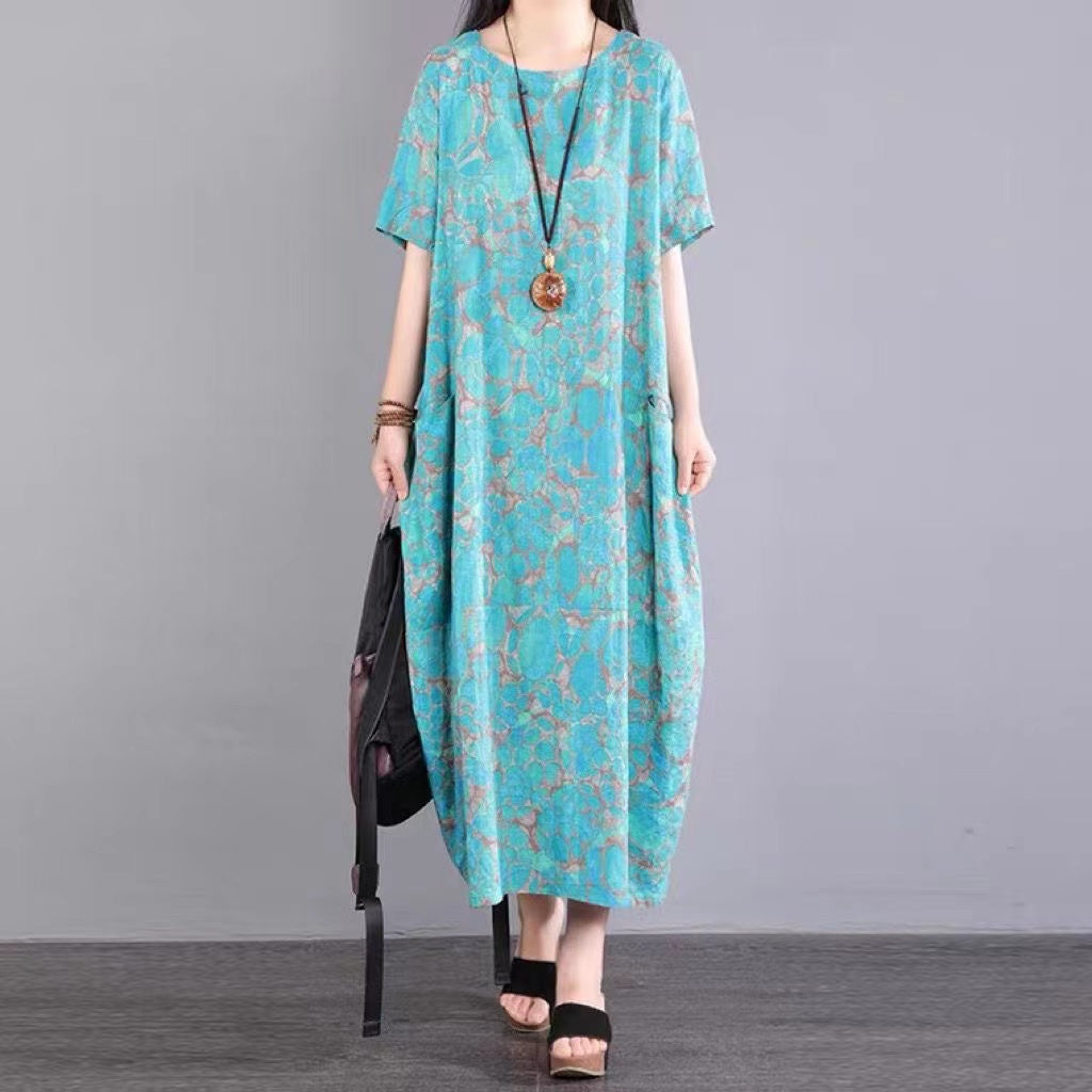 Loose Round Neck Printed Short Sleeve Long Dresses