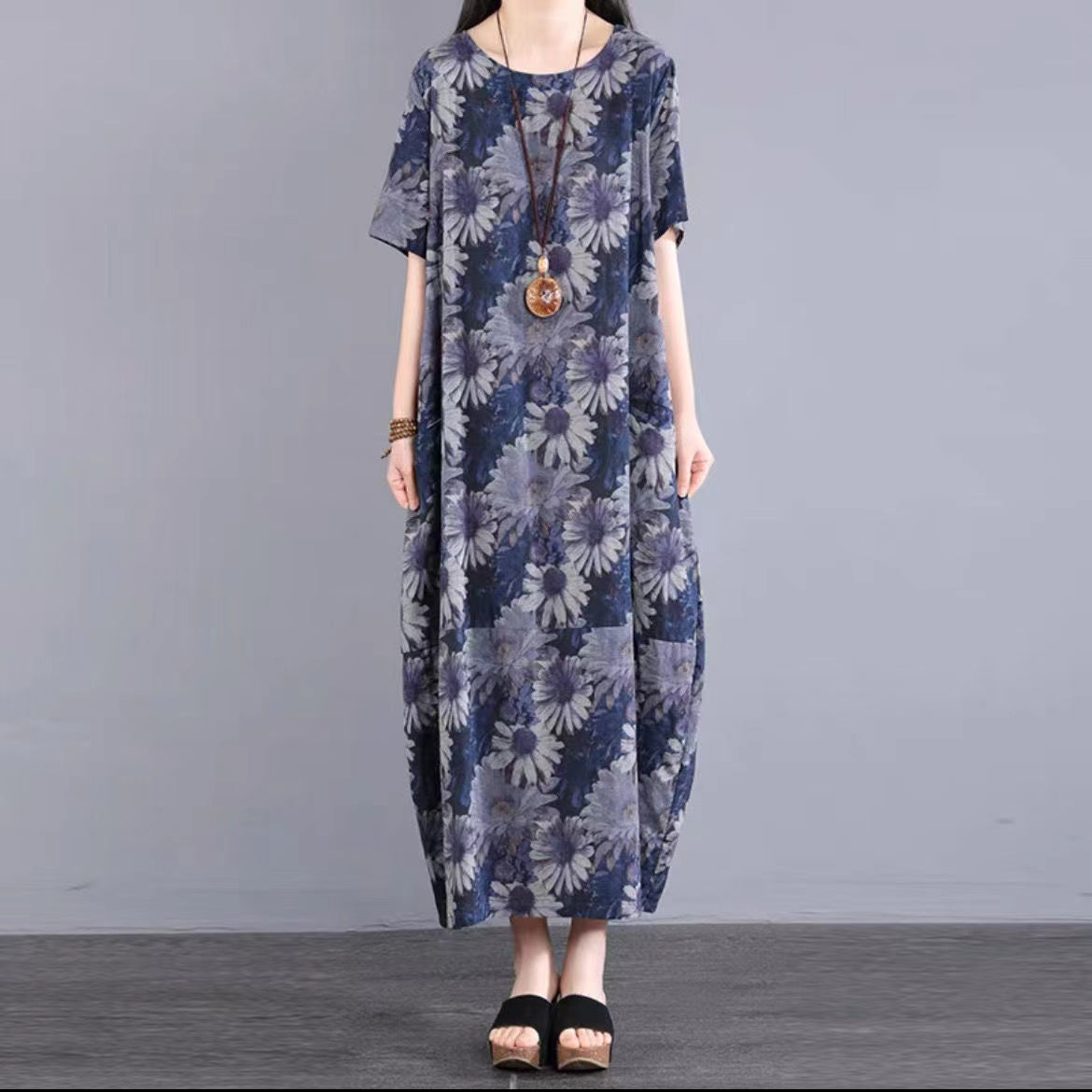 Loose Round Neck Printed Short Sleeve Long Dresses