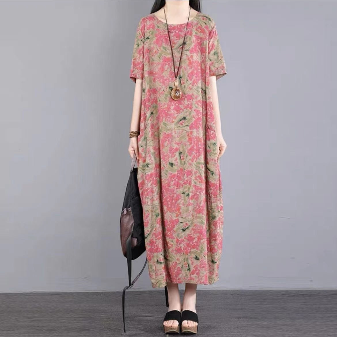 Loose Round Neck Printed Short Sleeve Long Dresses