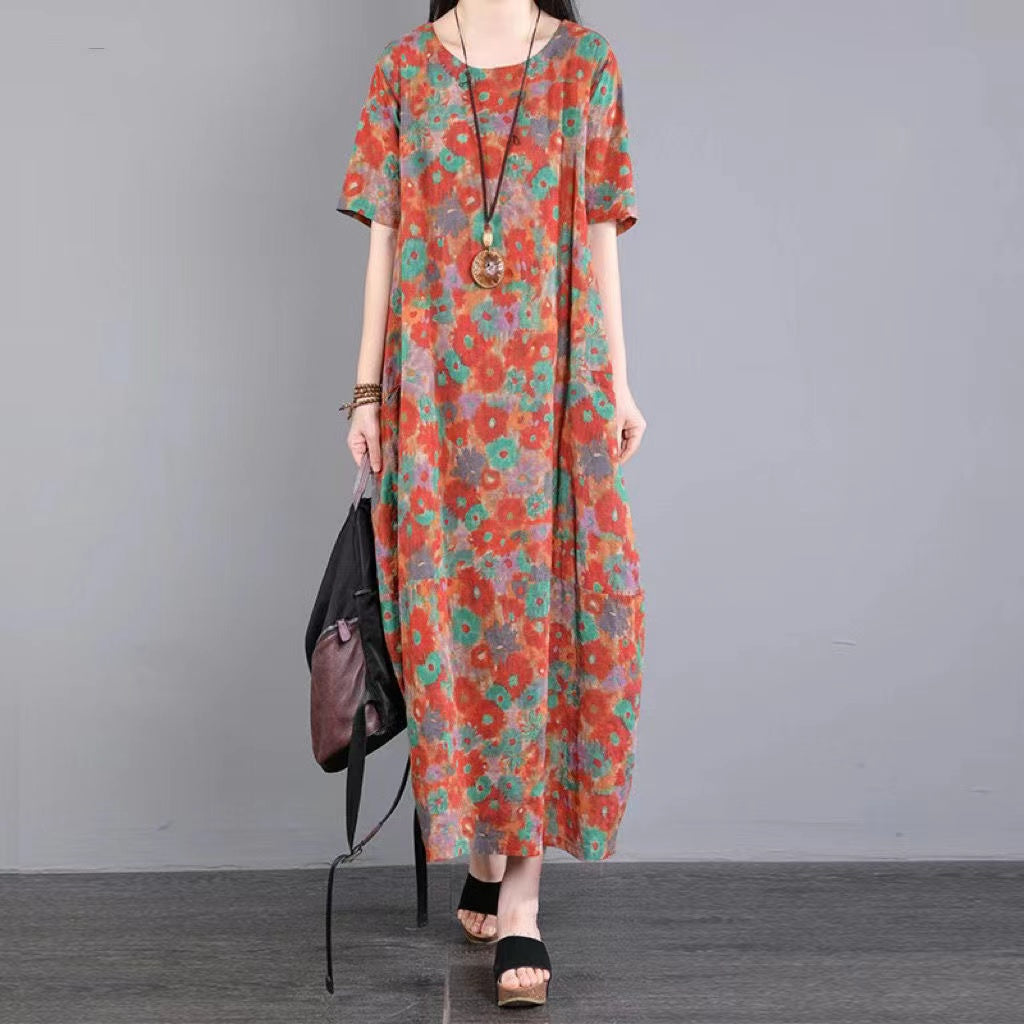 Loose Round Neck Printed Short Sleeve Long Dresses