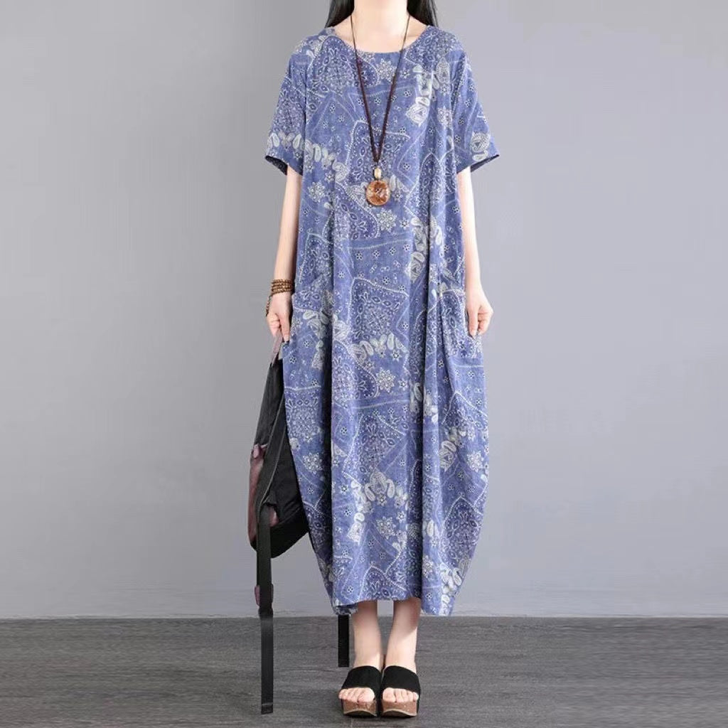 Loose Round Neck Printed Short Sleeve Long Dresses