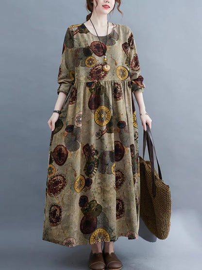 Round Neck Pleated Long Sleeve Printed Dress