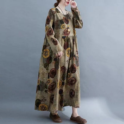 Round Neck Pleated Long Sleeve Printed Dress