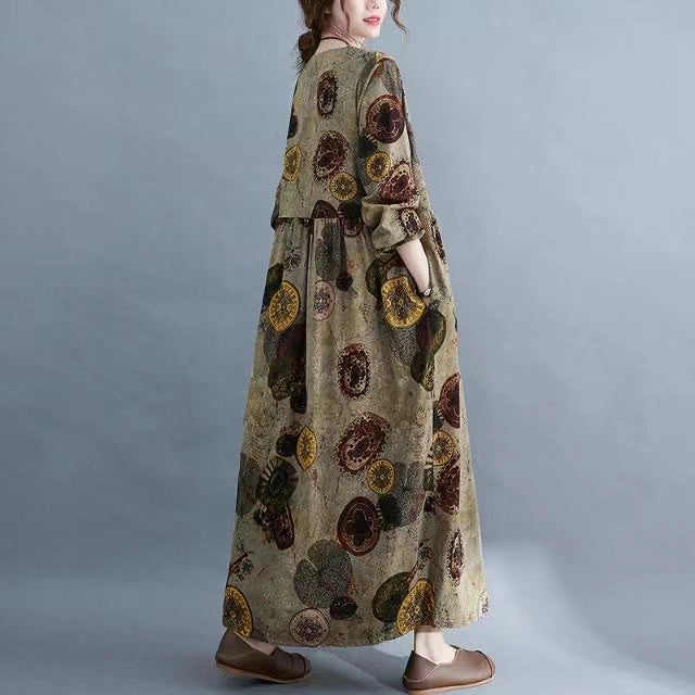 Round Neck Pleated Long Sleeve Printed Dress