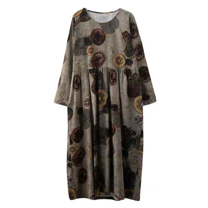 Round Neck Pleated Long Sleeve Printed Dress