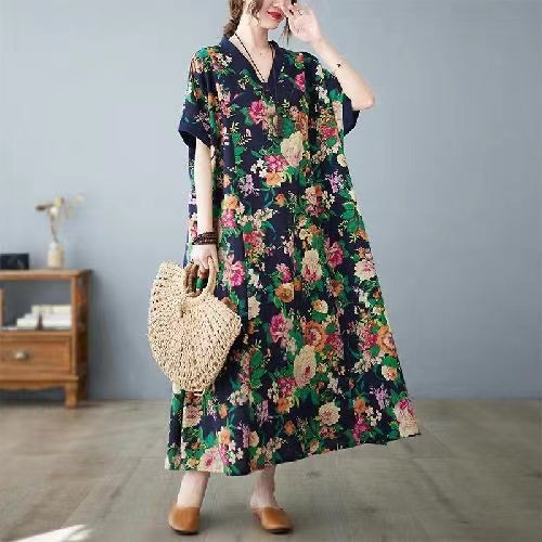 Colorblocked V-Neck Floral Short Sleeve Dress