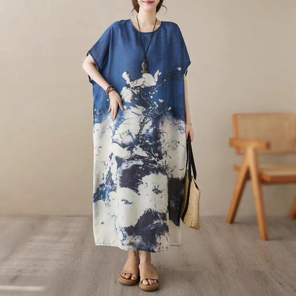 Round neck cotton linen print short sleeve dress