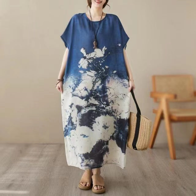 Round neck cotton linen print short sleeve dress