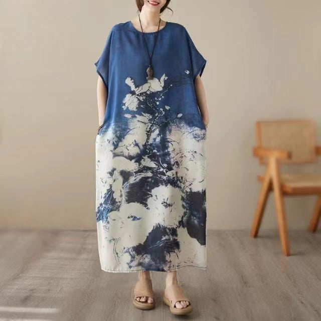 Round neck cotton linen print short sleeve dress