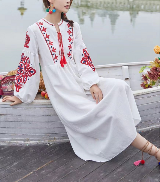 Bohemian Embroidered Strappy Long Sleeve Long Dresses