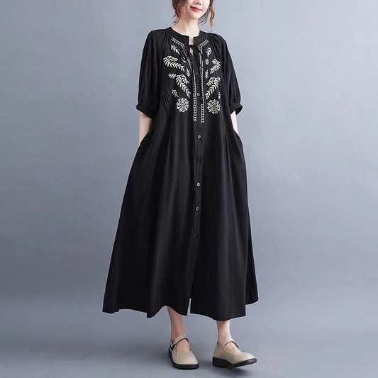 Bohemian Vintage Embroidered Tied Short Sleeve Long Shirt Dress