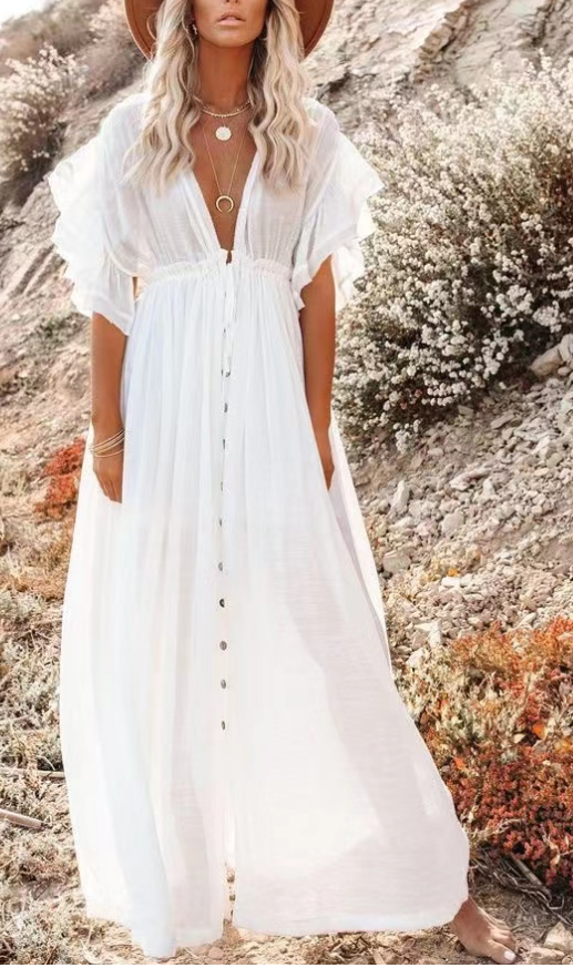 Bohemian Beach Drawstring Short Sleeve Button Down Dress