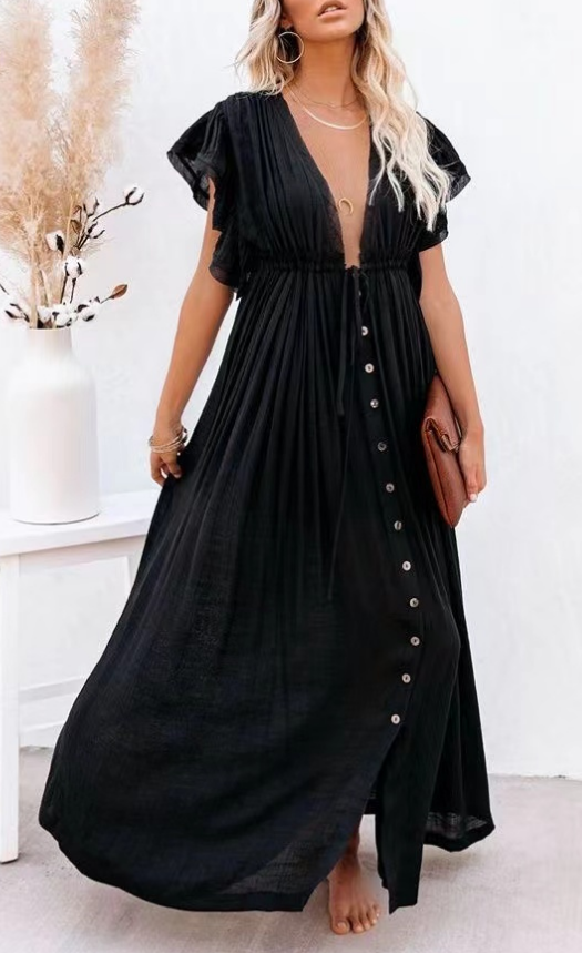 Bohemian Beach Drawstring Short Sleeve Button Down Dress