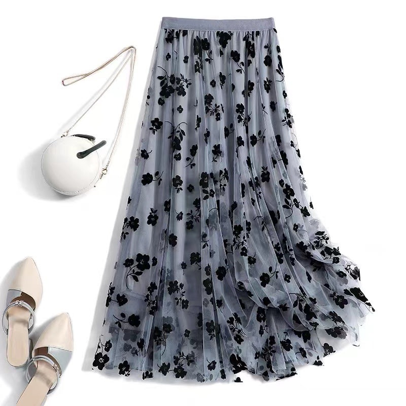 Tulle Crushed Floral Flocked Midi Skirt