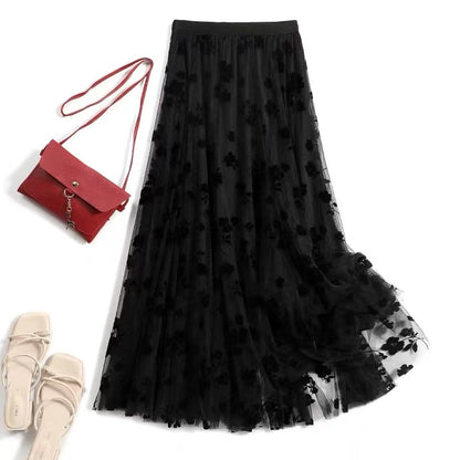 Tulle Crushed Floral Flocked Midi Skirt