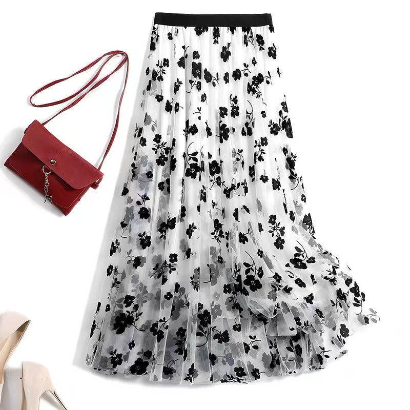 Tulle Crushed Floral Flocked Midi Skirt