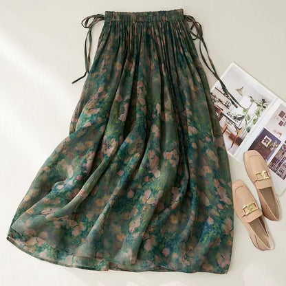 Vintage Printed Pocket Tie Cotton A-Line Skirt