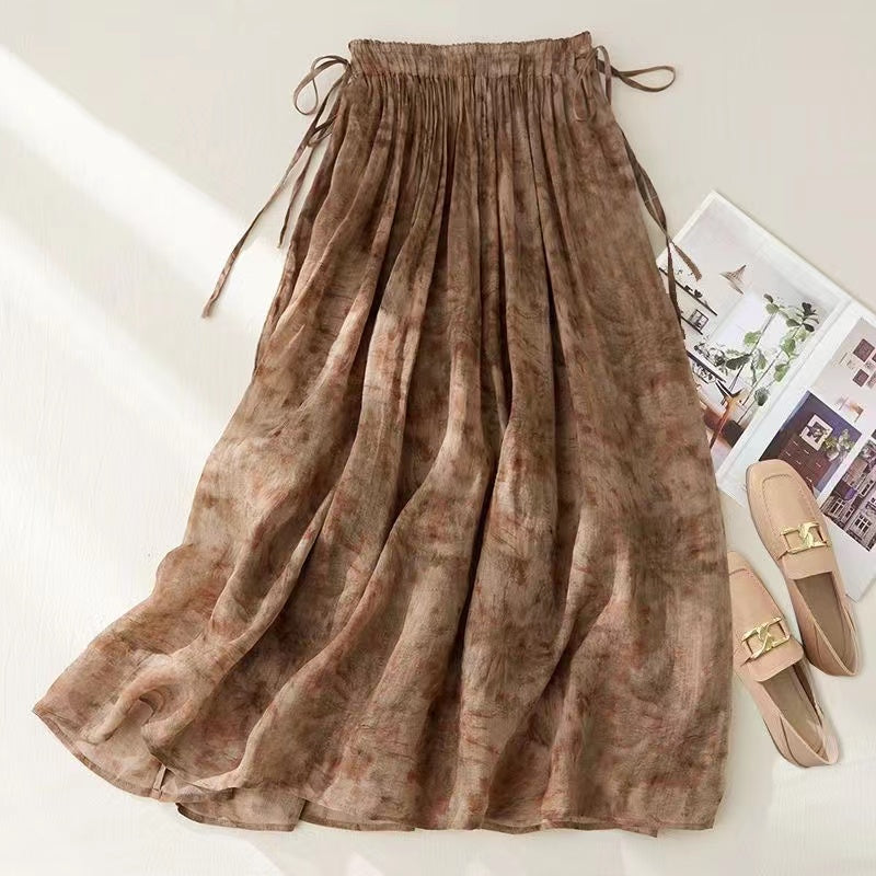 Vintage Printed Pocket Tie Cotton A-Line Skirt