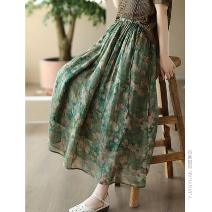 Vintage Printed Pocket Tie Cotton A-Line Skirt