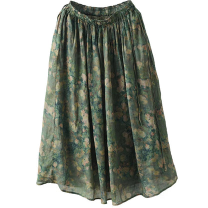 Vintage Printed Pocket Tie Cotton A-Line Skirt