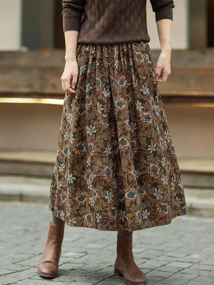 Chic Brown Vintage Floral Elastic Waist Skirt