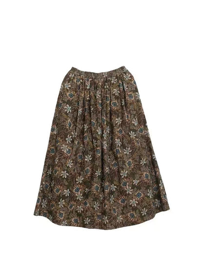 Chic Brown Vintage Floral Elastic Waist Skirt