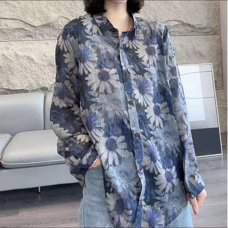 Loose Printed Lapel Button Down Cotton Shirt Top