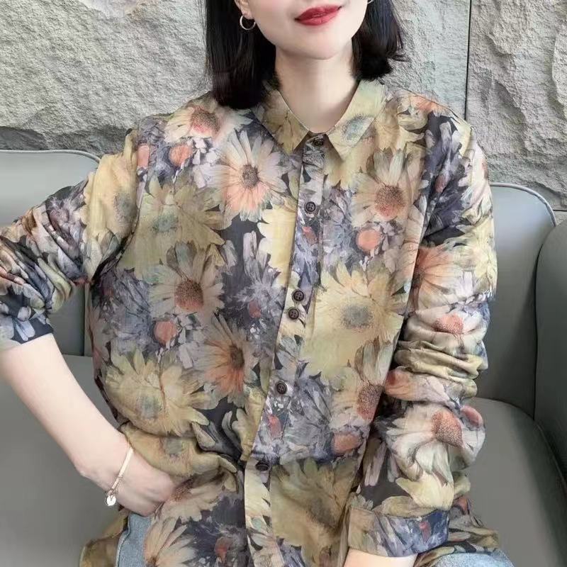 Loose Printed Lapel Button Down Cotton Shirt Top